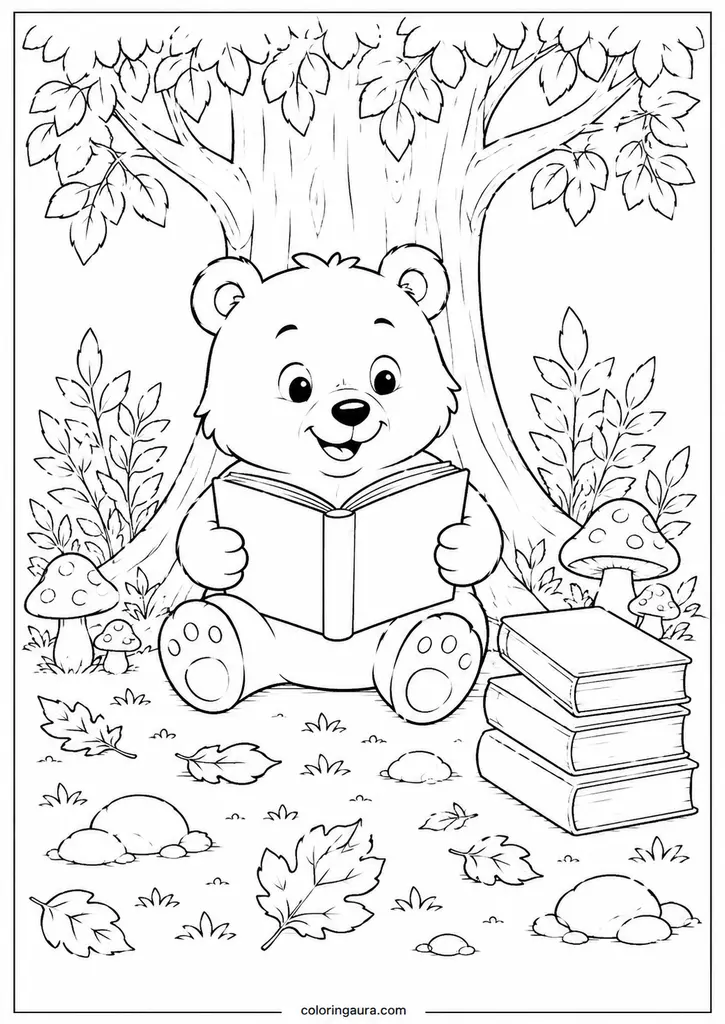 Bear Reading in the Forest Coloring Page