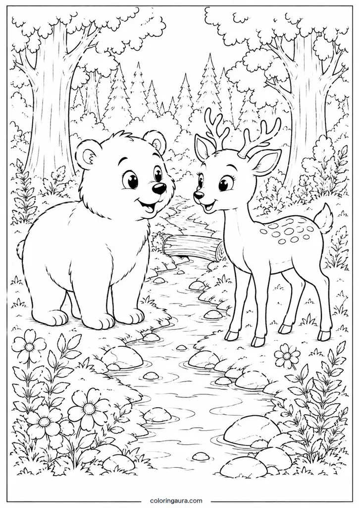 Bear and Deer by the Forest Stream Coloring Page