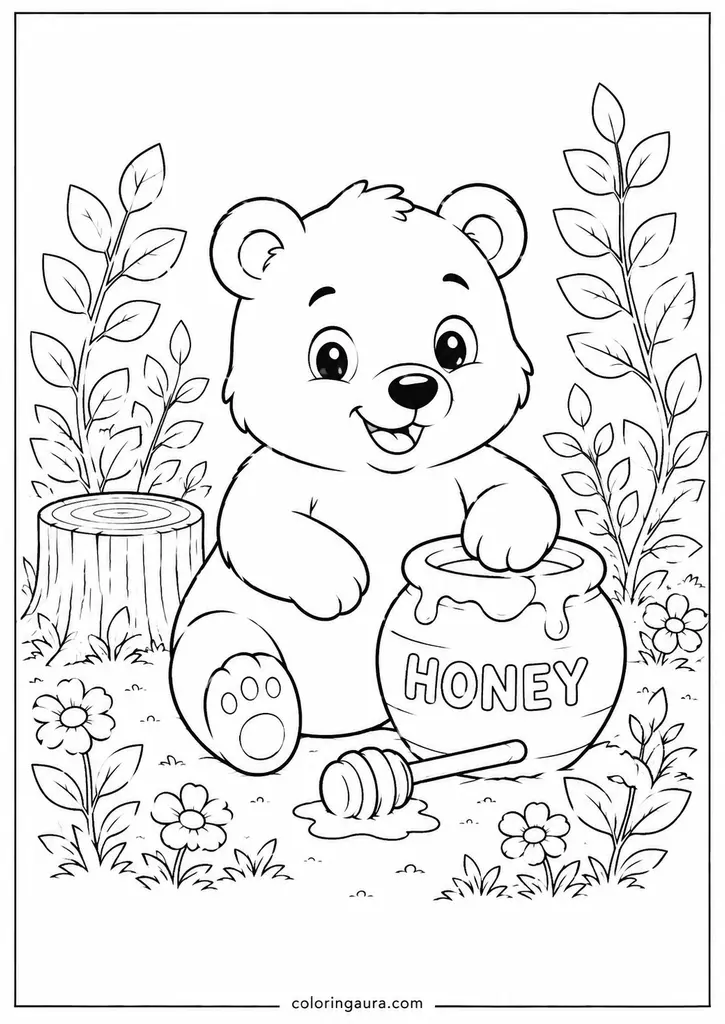 Bear with Honey Pot Coloring Page
