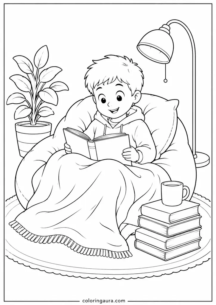 Book Lover With Blanket Coloring Page