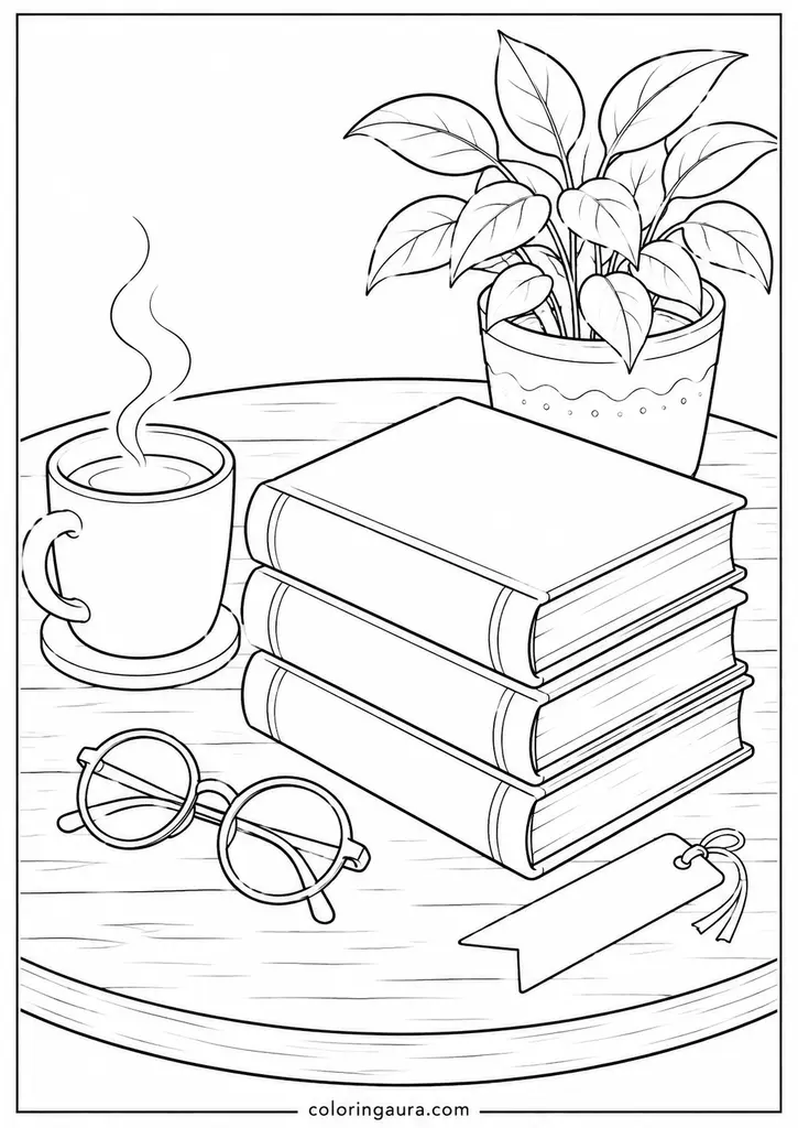 Books and Coffee Cup Coloring Page