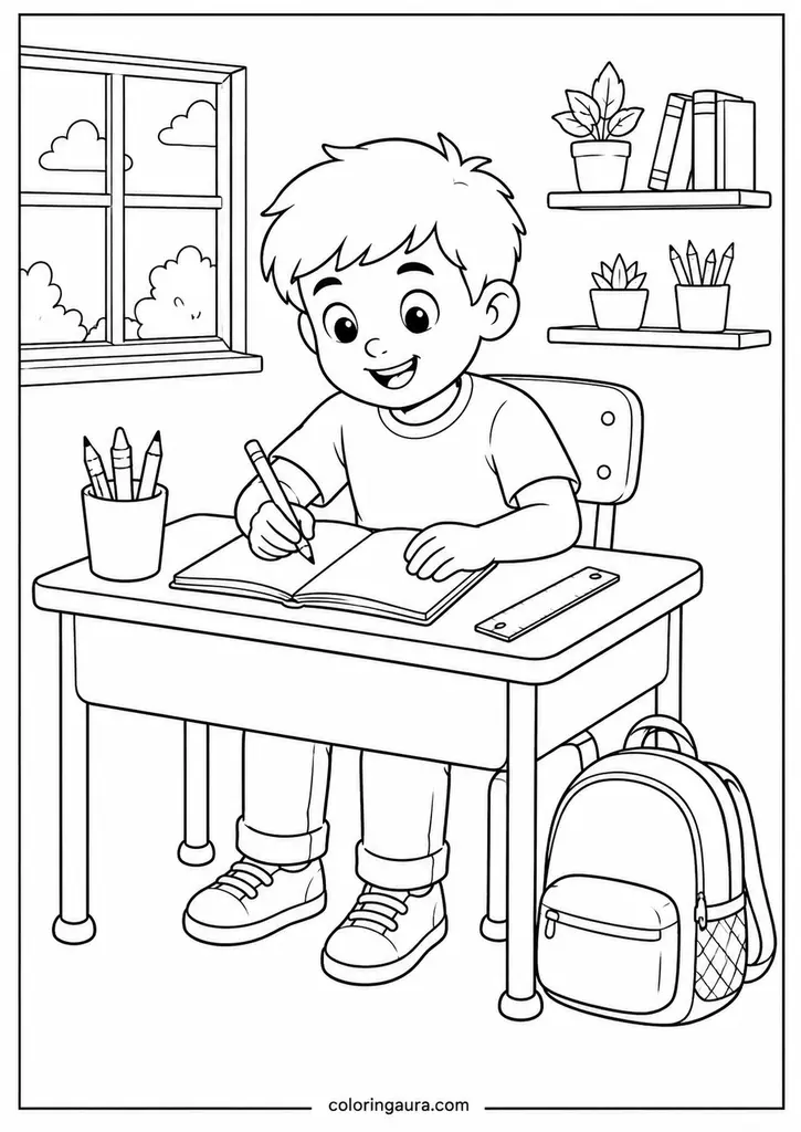 Child Writing at School Desk Coloring Page