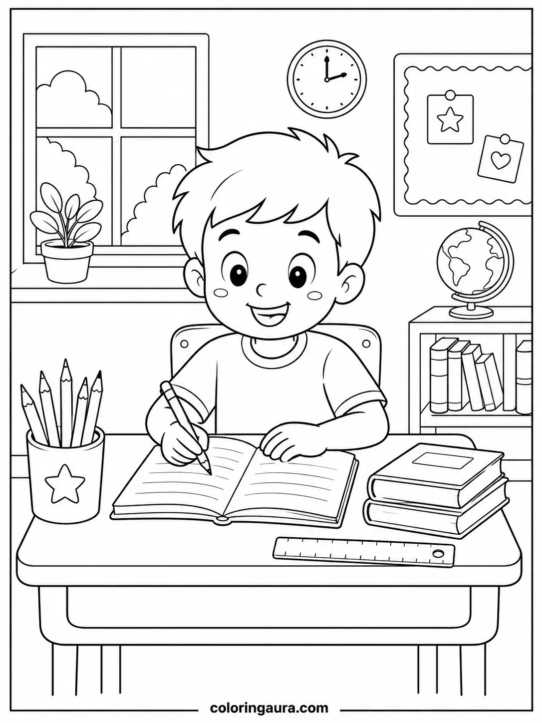 A child happily writes in a notebook at a simple classroom desk.