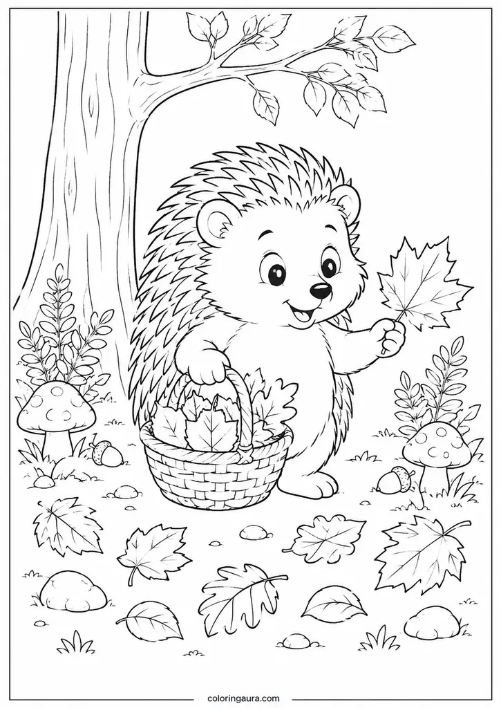 Hedgehog Collecting Leaves Coloring Page