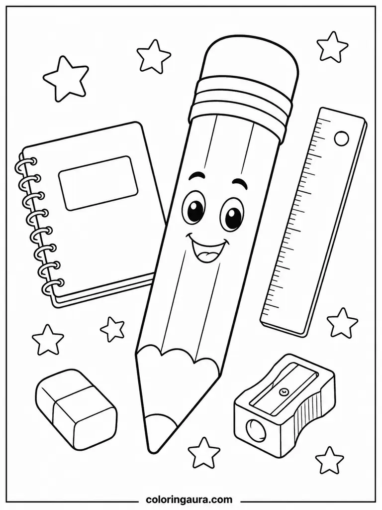 Cheerful School Supplies Coloring Page