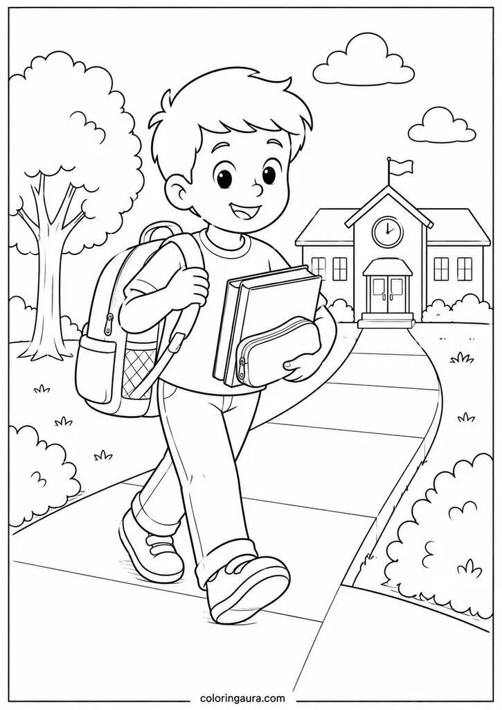 Child Carrying School Supplies Coloring Page