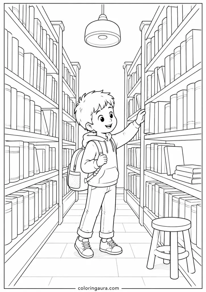 Child Choosing a Library Book Coloring Page