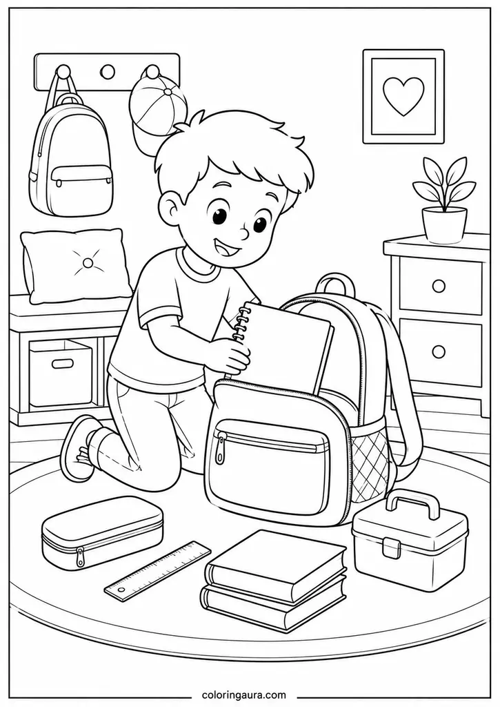 Child Packing School Backpack Coloring Page