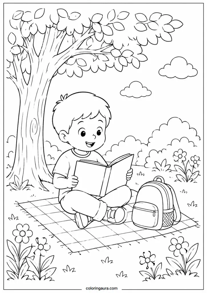 Child Reading Under a Tree Coloring Page