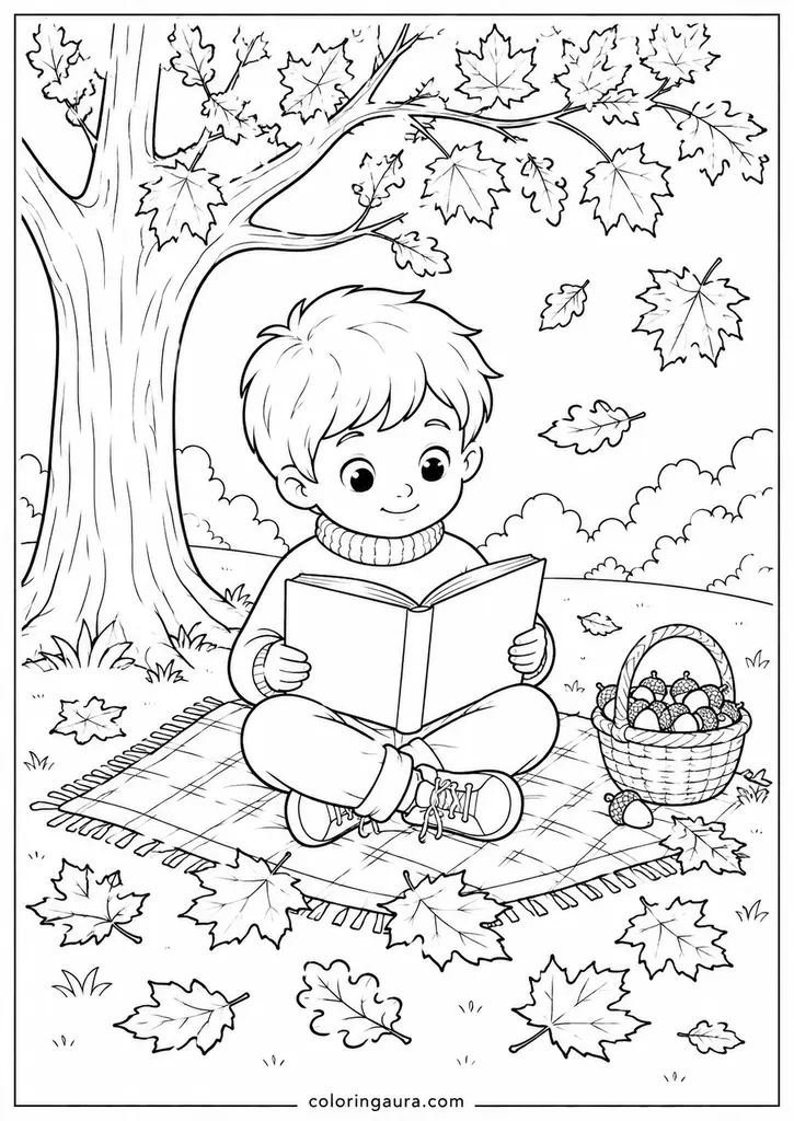 A child relaxes beneath a large tree while reading a blank book surrounded by leaves.