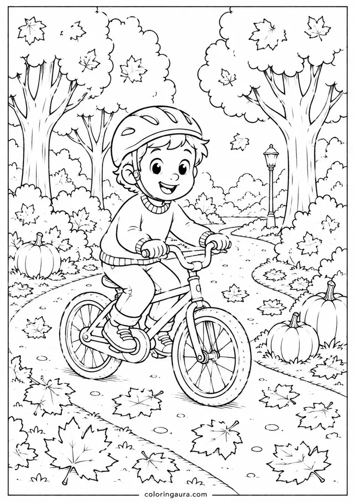 Child Riding Bicycle Autumn Coloring Page