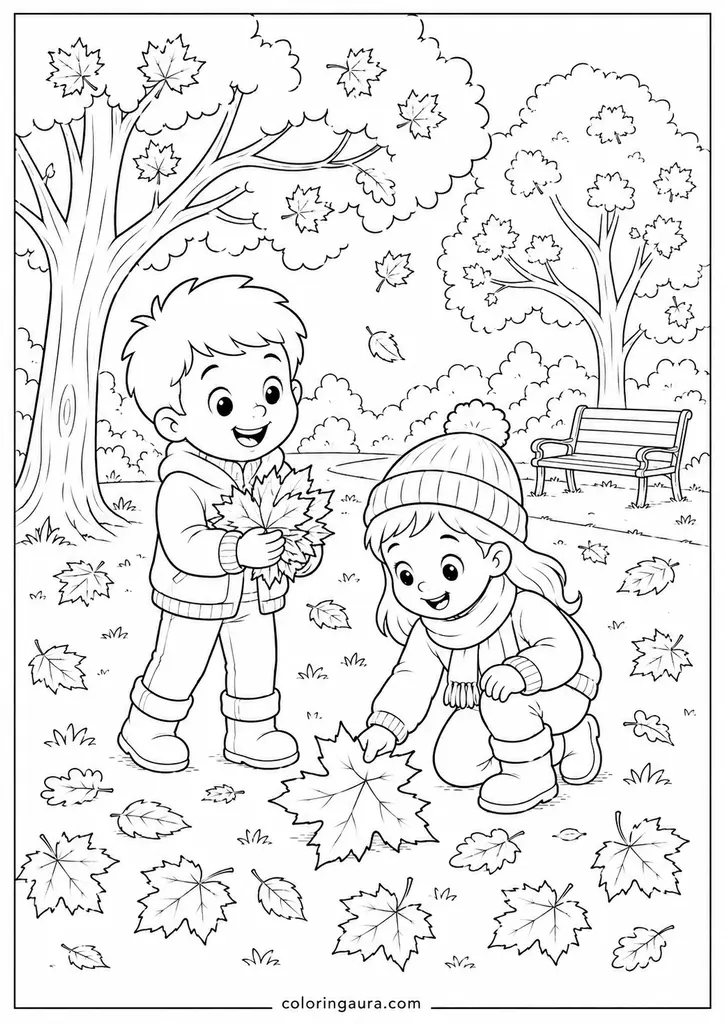 Children Collecting Autumn Leaves Coloring Page