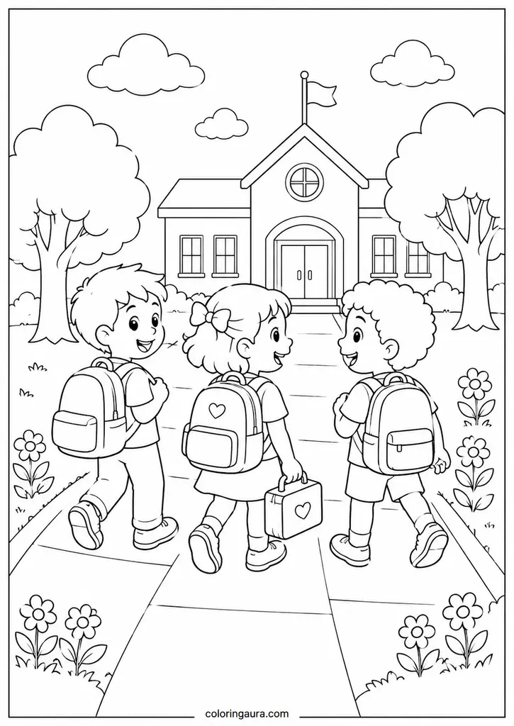 Children Walking to Kindergarten Coloring Page