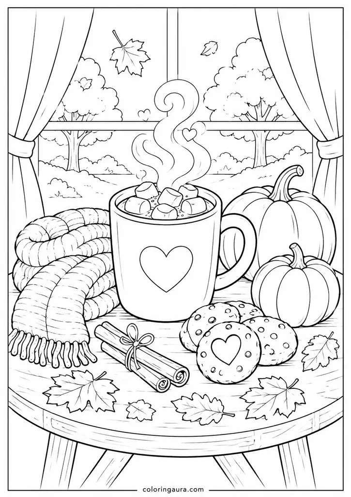 Cozy Autumn Hot Chocolate Coloring Page