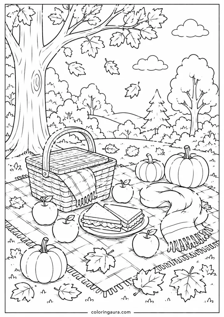 Cozy Autumn Picnic Coloring Page