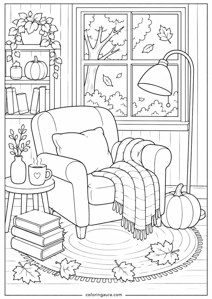Cozy Autumn Reading Nook Coloring Page