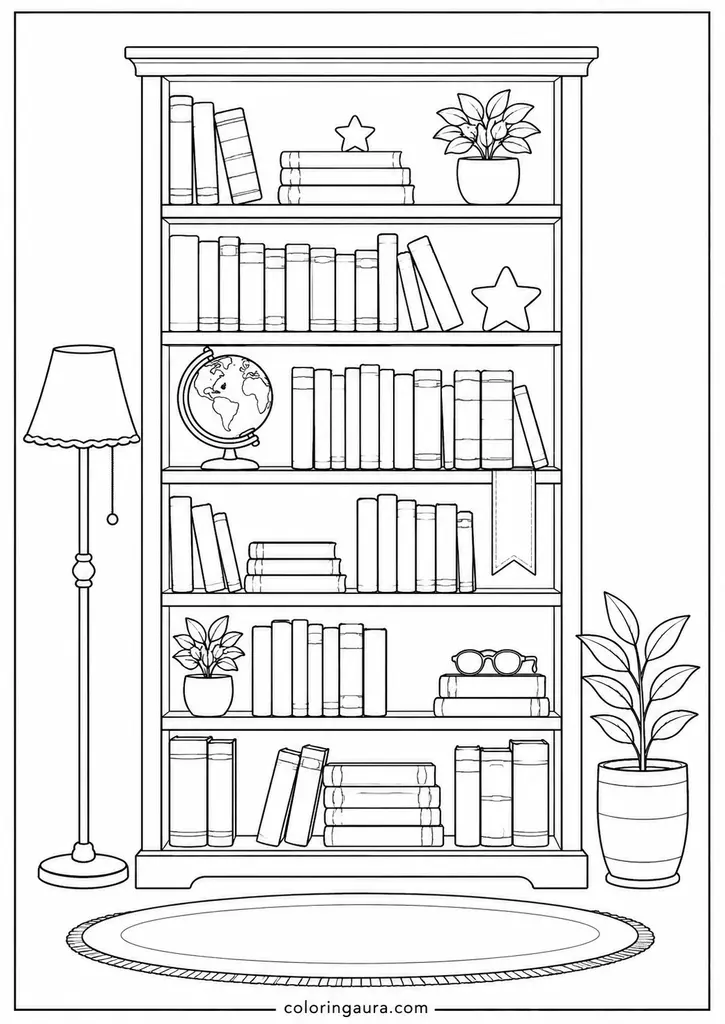 Cozy Bookshelf Coloring Page