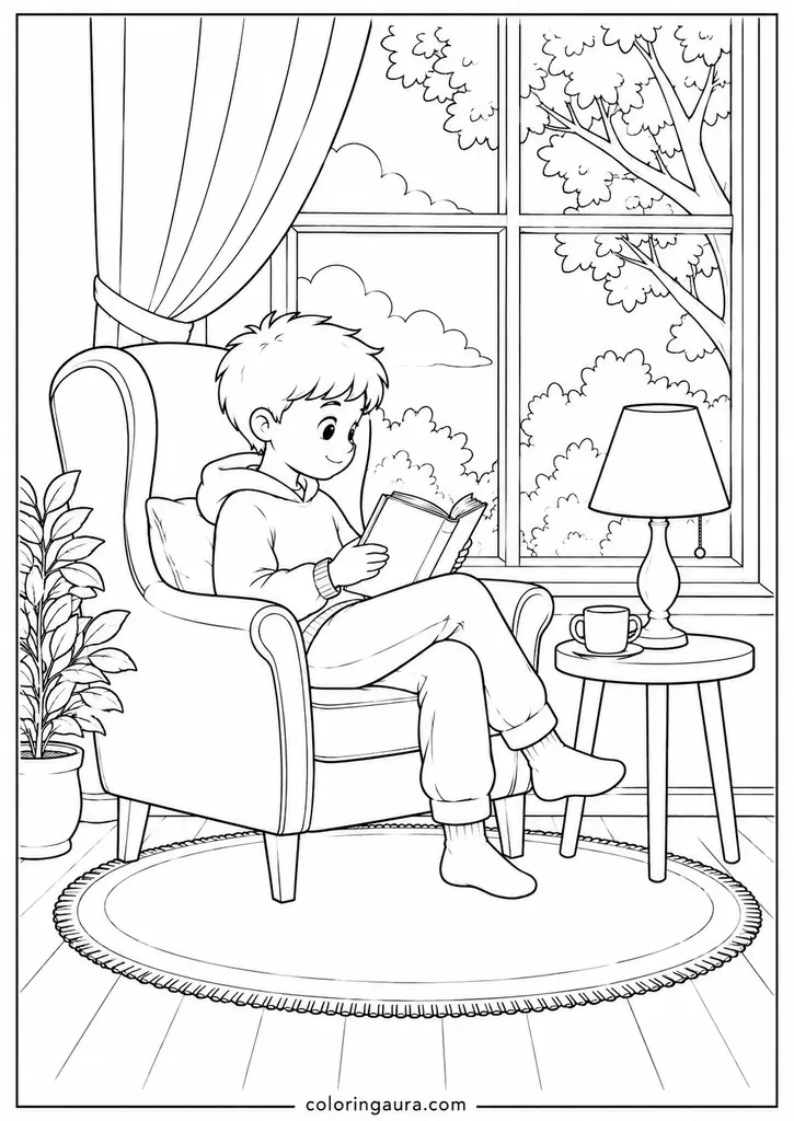 Reading by a Window Coloring Page