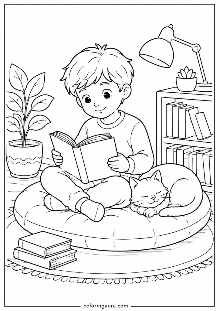 Boy Reading With Cat Coloring Page