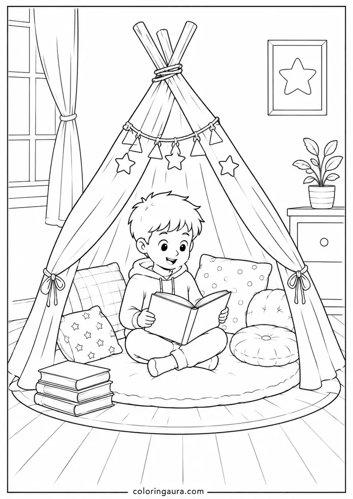 Cozy Reading Tent Coloring Page