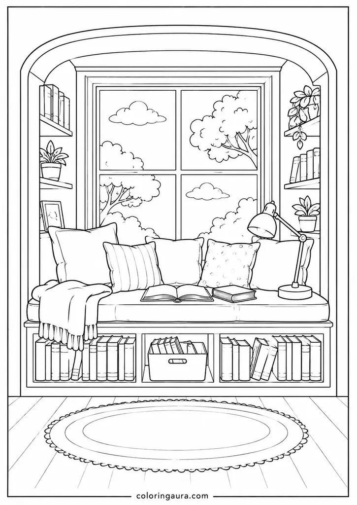 Cozy Book Nook Coloring Page