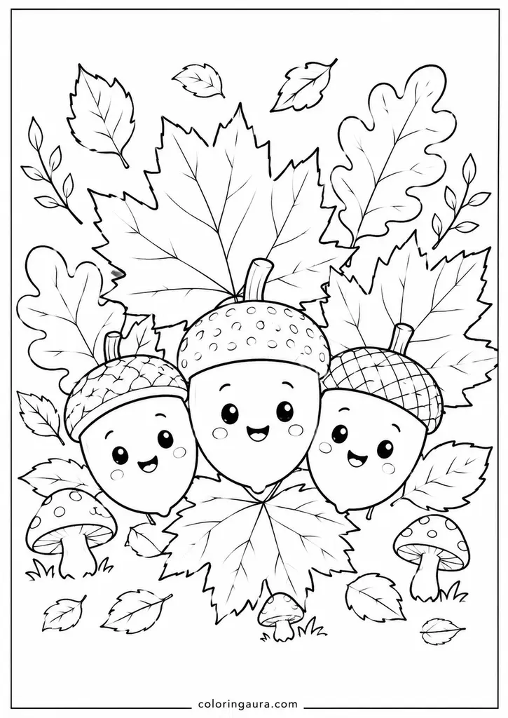 Cute Acorn and Leaves Coloring Page