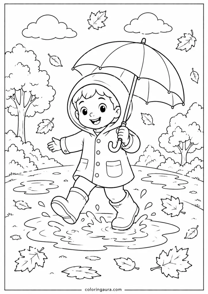 Cute Autumn Rainy Day Coloring Page