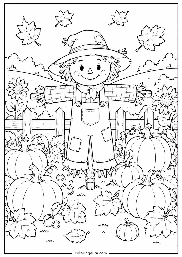 Cute Autumn Scarecrow Coloring Page