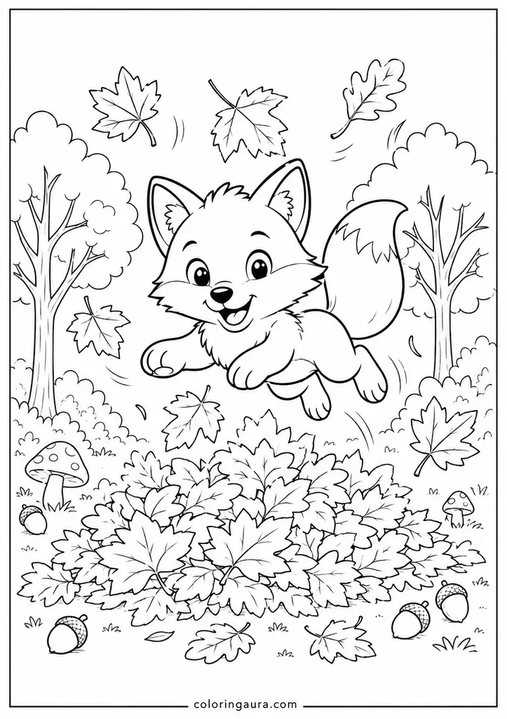 Cute Fox Autumn Leaves Coloring Page