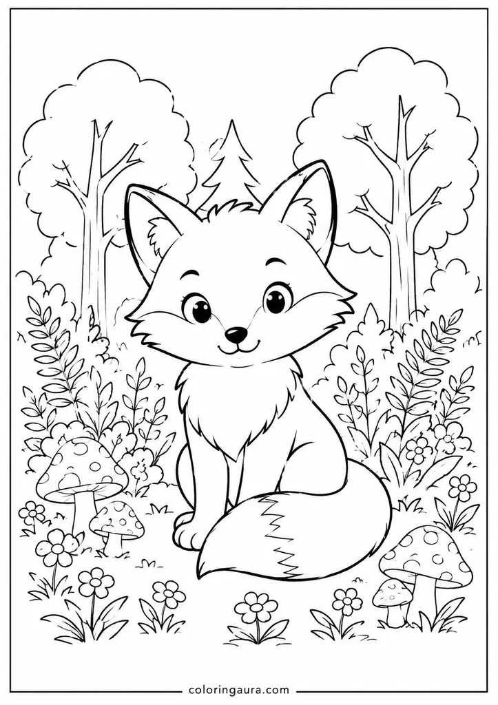 Cute Fox in Forest Coloring Page