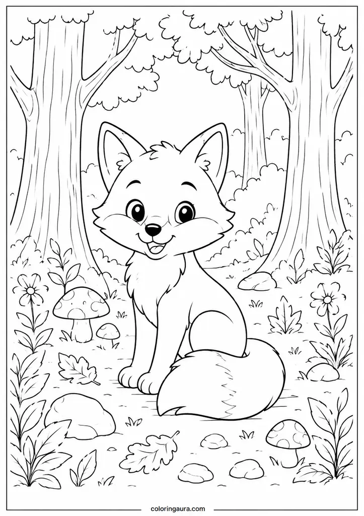 Happy Fox in the Forest Coloring Page