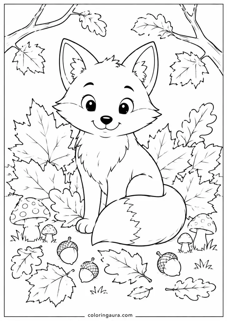 Cute Fox with Autumn Leaves Coloring Page