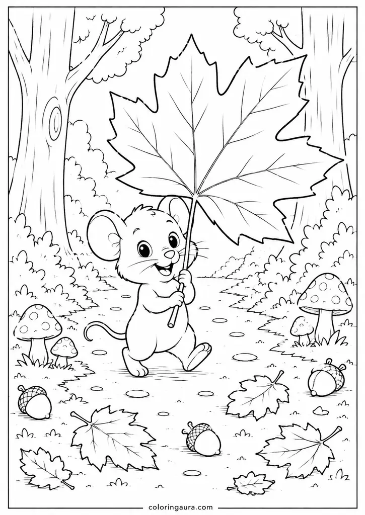 Cute Mouse with Autumn Leaf Coloring Page