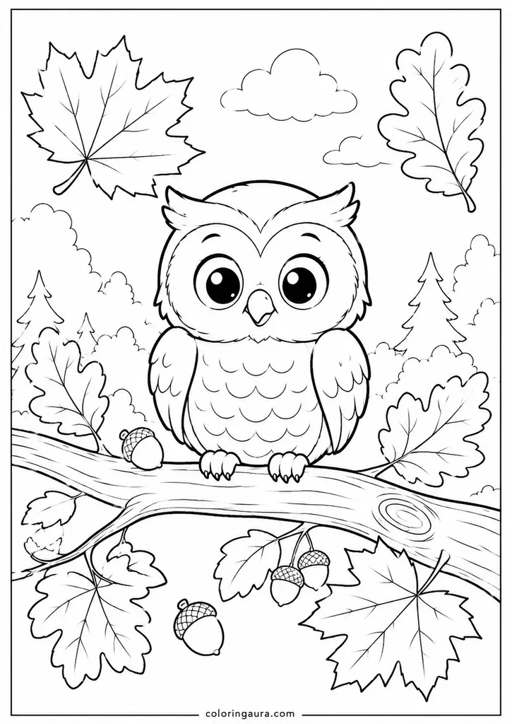 Cute Owl Autumn Branch Coloring Page