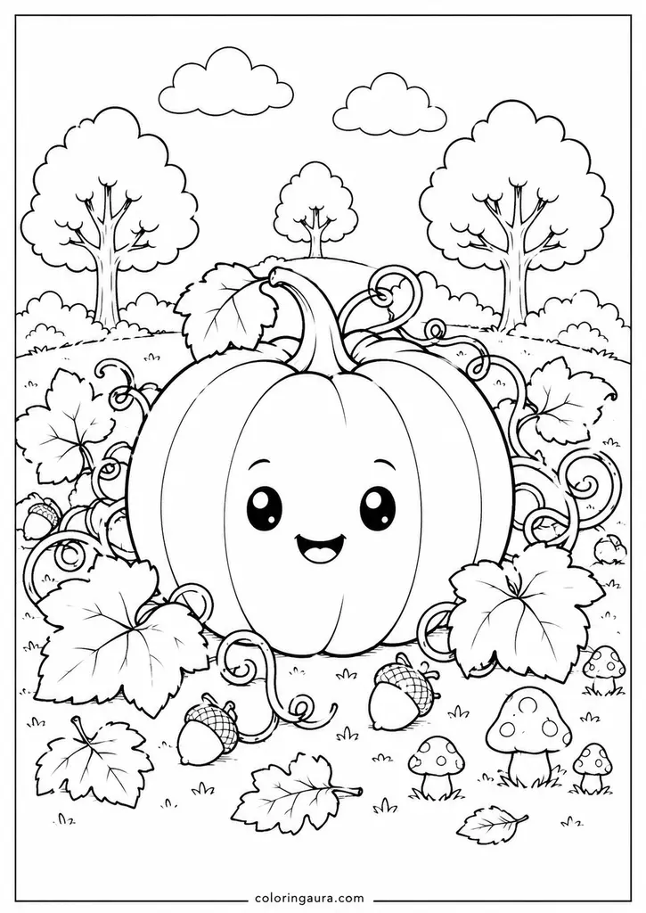 Cute Pumpkin and Leaves Coloring Page