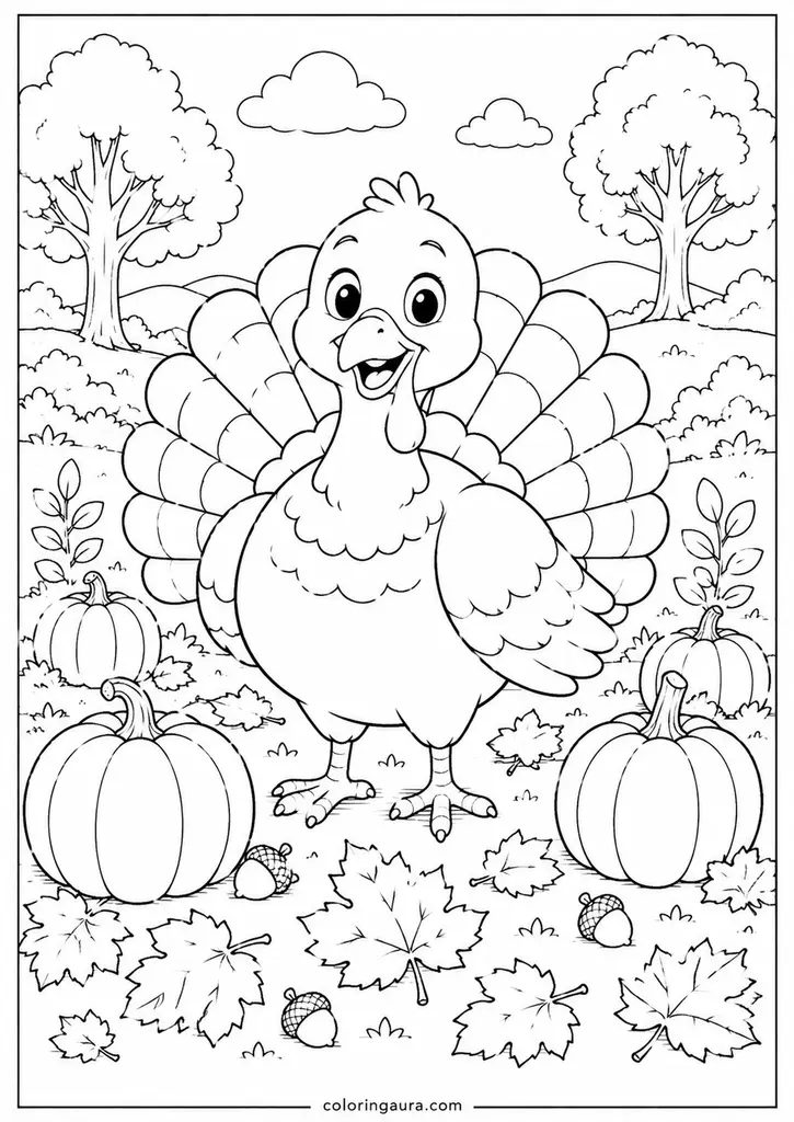 Cute Turkey Autumn Coloring Page