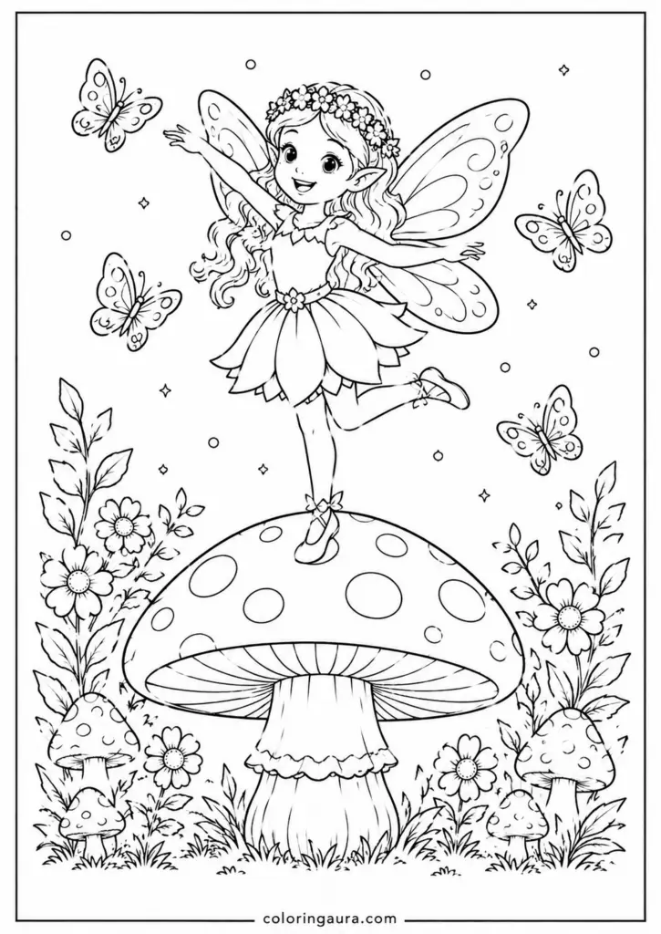 Dancing Mushroom Fairy Coloring Page