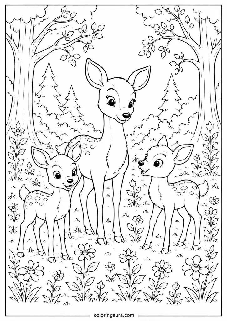 Deer Family Woodland Meadow Coloring Page