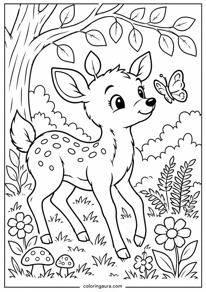 Deer and Butterfly Coloring Page