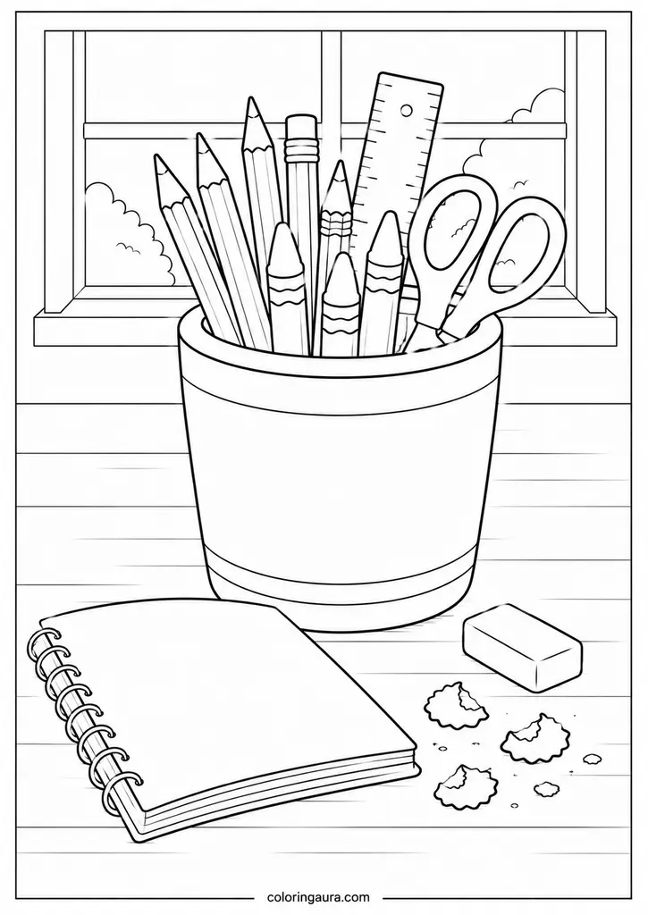 Pencil Cup Classroom Desk Coloring Page