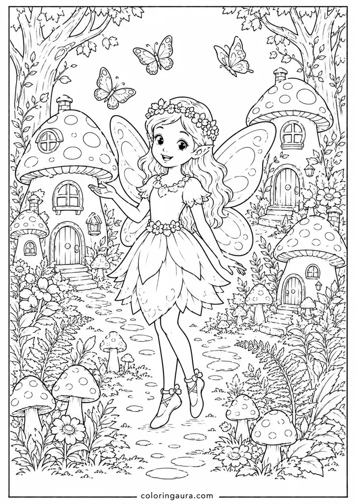 Enchanted Mushroom Fairy Forest Coloring Page