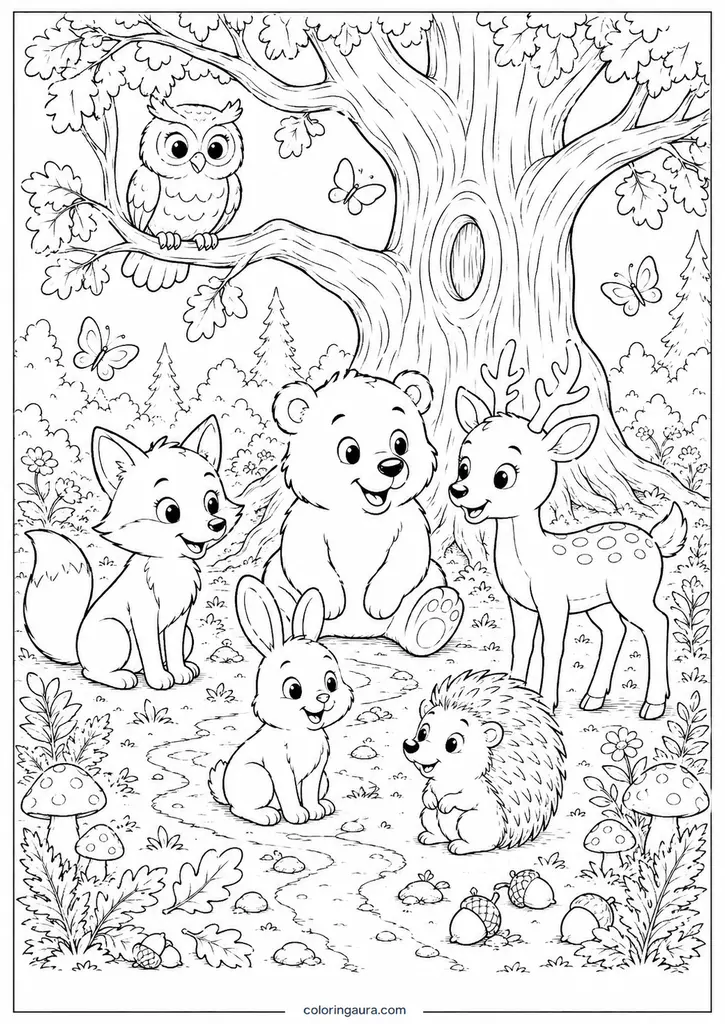 Magical Forest Friends Gathering Coloring Page
