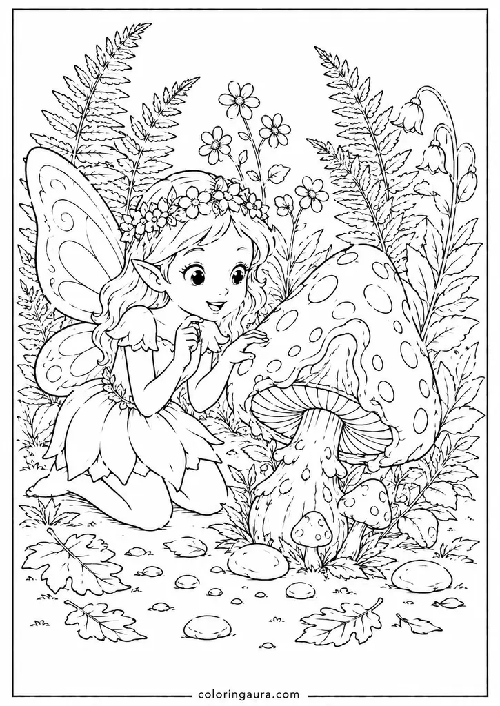 Fairy Discovering Mushroom Coloring Page