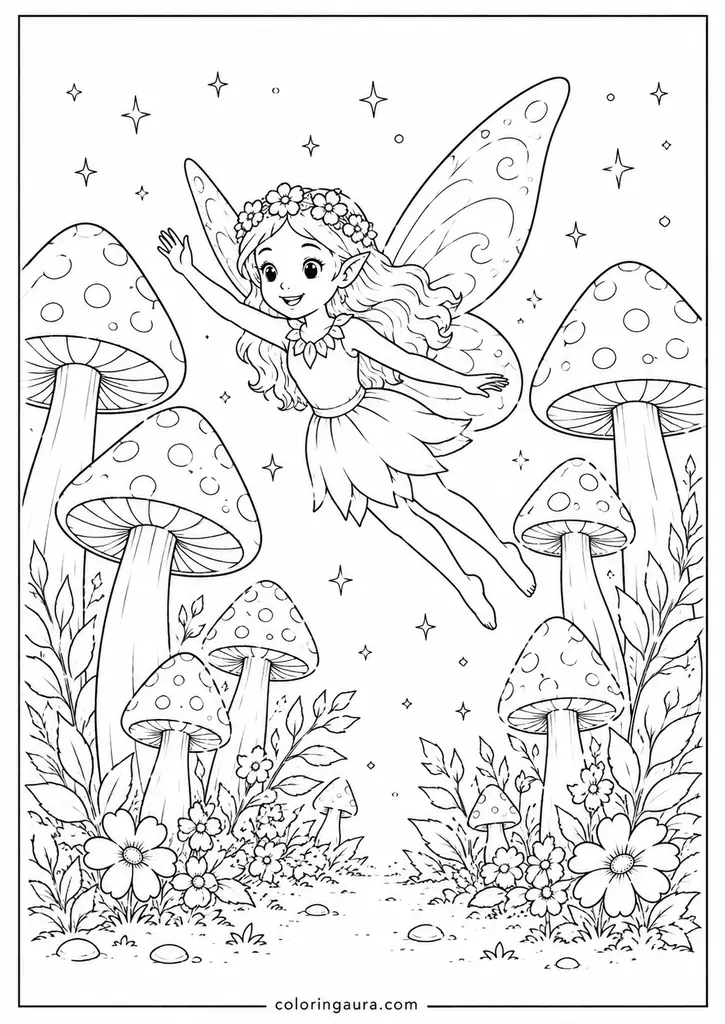 Fairy Flying Through Mushroom Forest Coloring Page