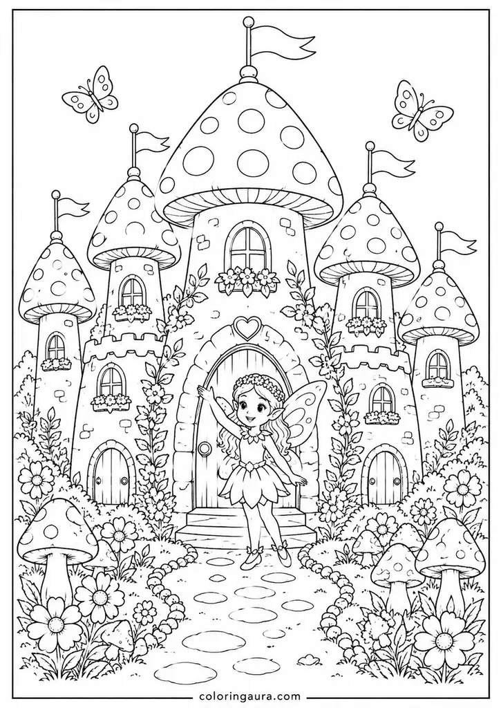 Fairy Mushroom Castle Coloring Page