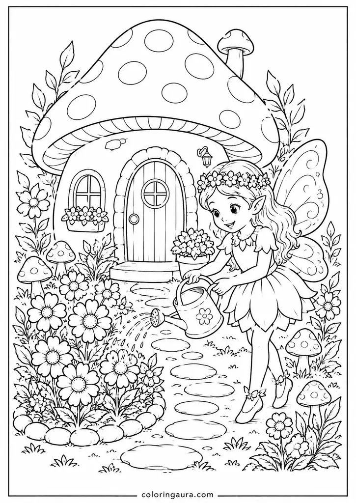 Fairy Mushroom Cottage Garden Coloring Page