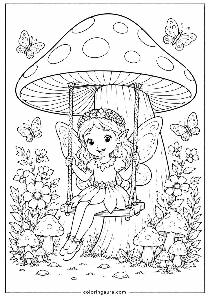 A happy fairy enjoys a tiny swing hanging beneath a giant mushroom cap.