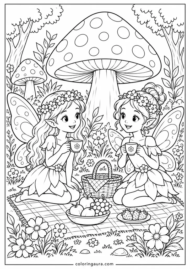 Fairy Mushroom Picnic Coloring Page