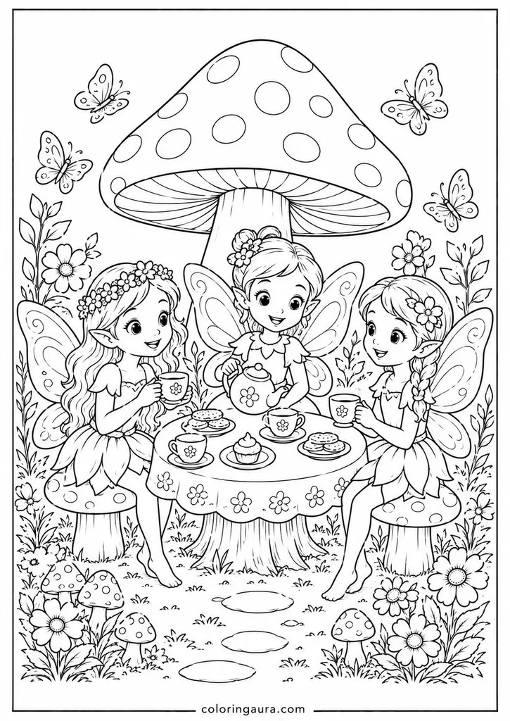 Fairy Mushroom Tea Party Coloring Page