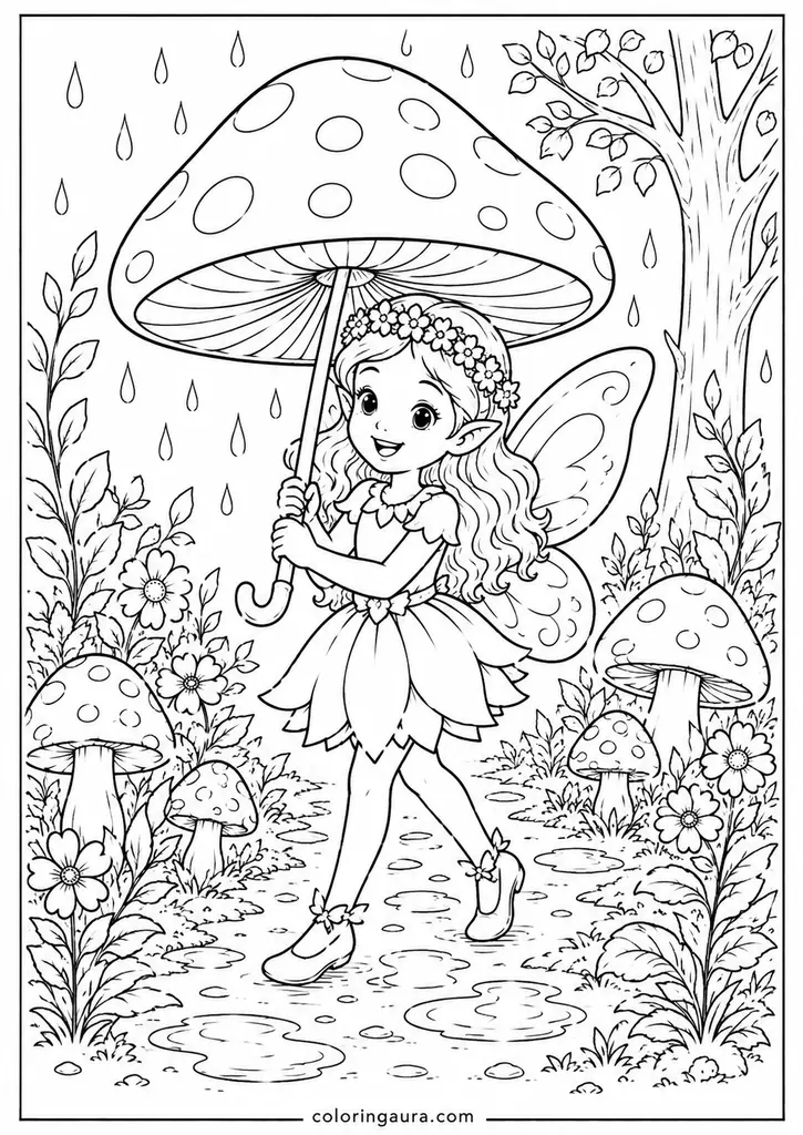 Fairy Mushroom Umbrella Coloring Page